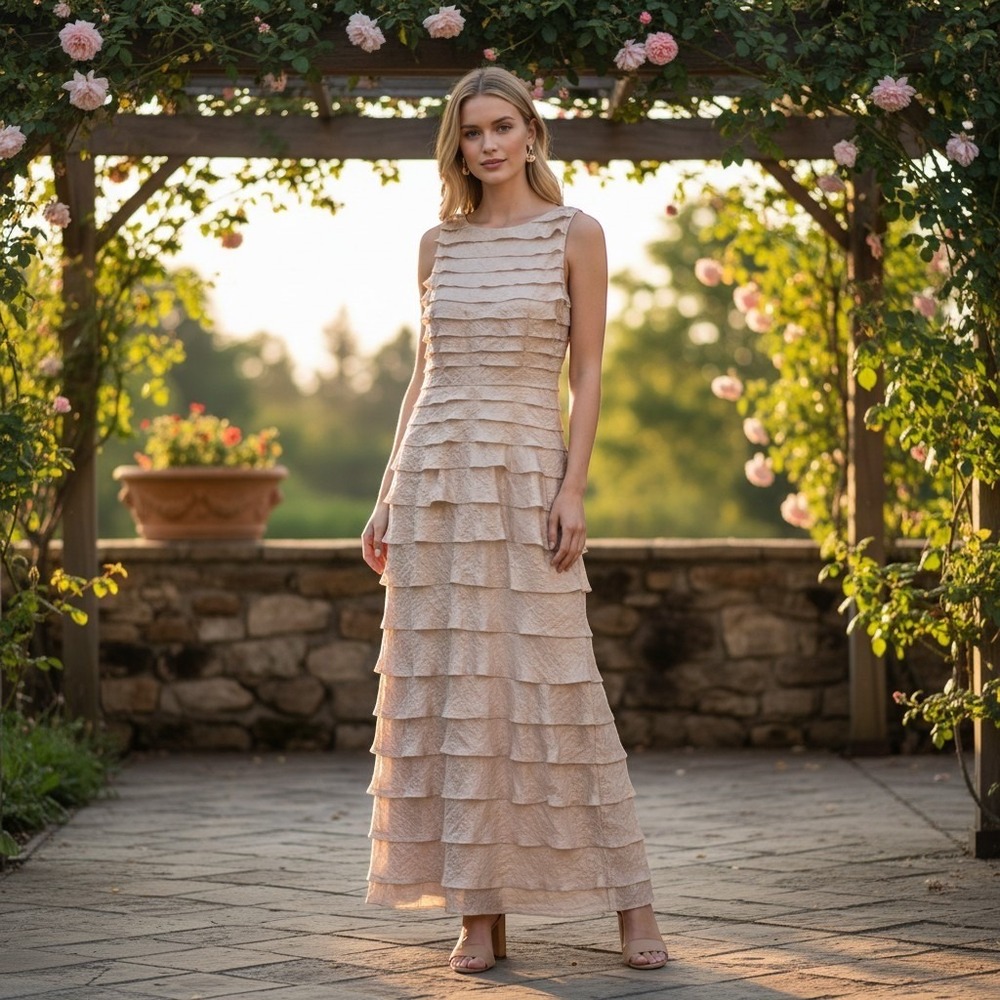 Adrianna Papell Sleeveless Tiered Maxi‎ Formal Gown Champagne/Tan Color  Size 8